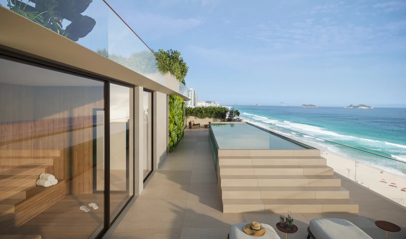 Terraço ilustrativo da penthouse; decoração não integra a oferta