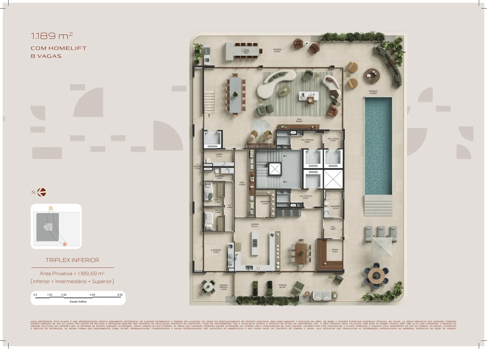 Planta ilustrativa do nível 1 da penthouse