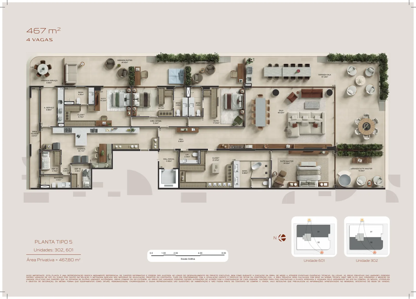 Planta ilustrativa da unidade 601, andar 6